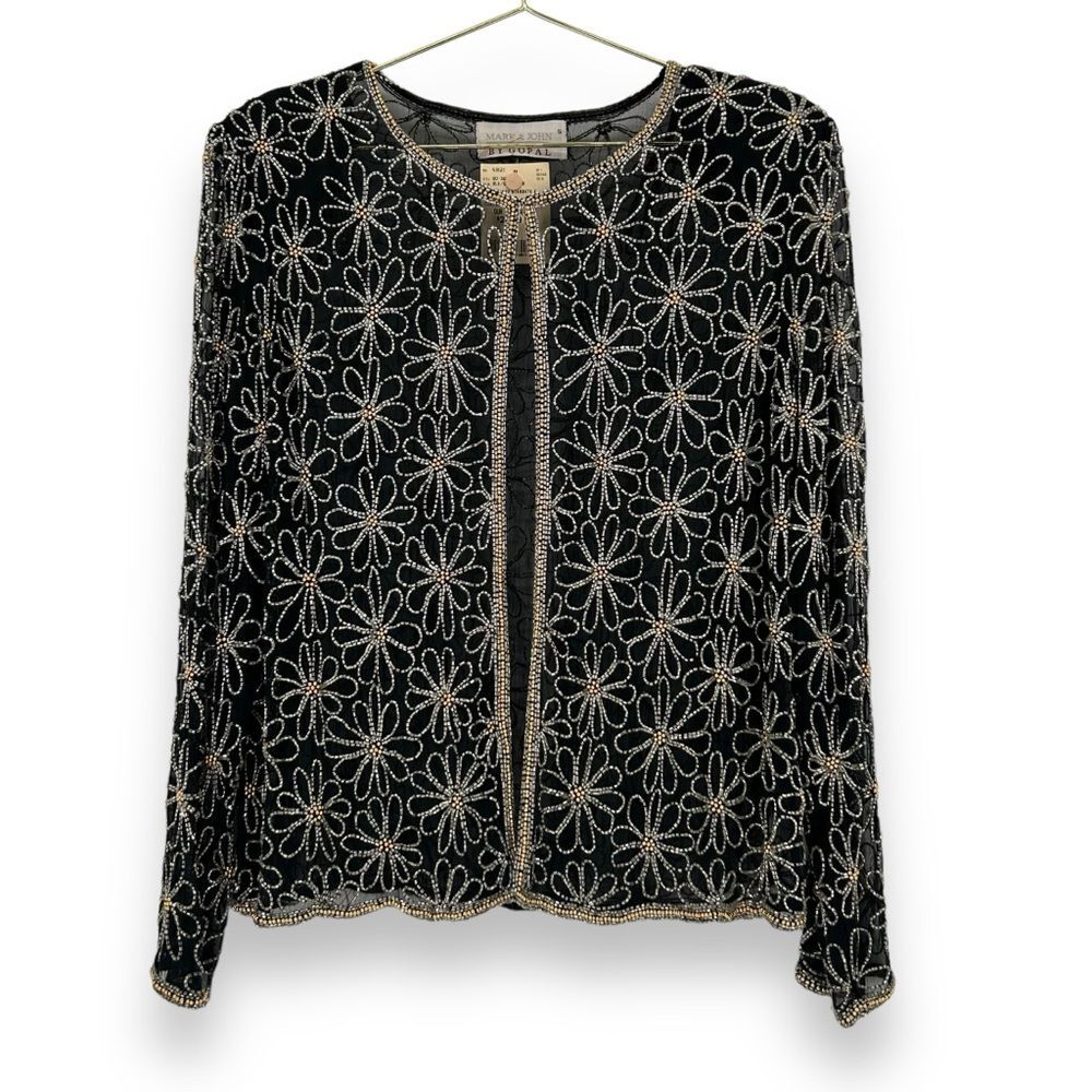 Vintage 90s Daisy Silk Beaded Evening Jacket Cardigan Black Silver S Deadstock